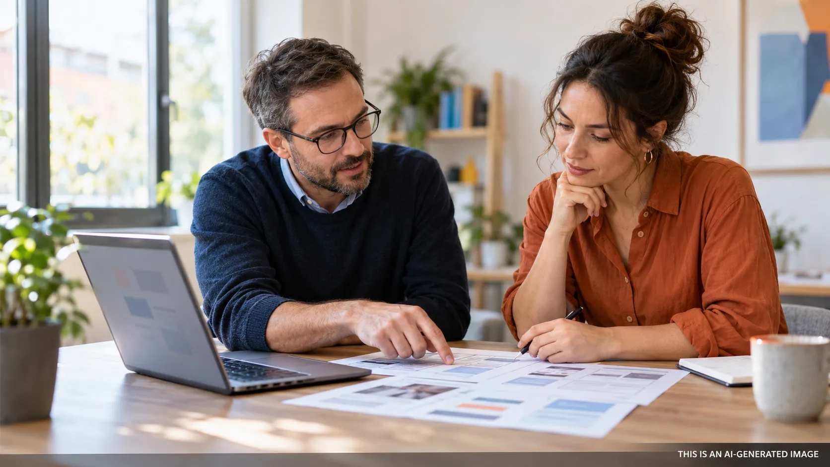 A digital strategist and a practice owner reviewing website wireframes together.